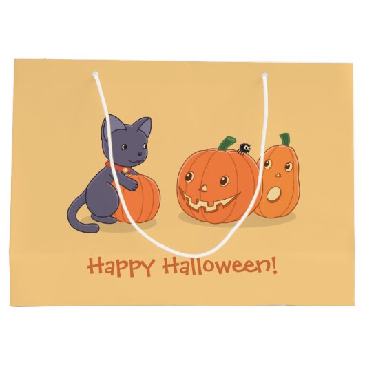 Halloween Black Cat en pompoenen op Sinaasappel Groot Cadeauzakje (Achterkant)