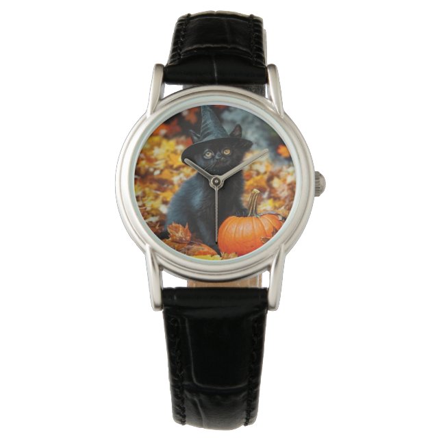 Halloween Black Cat en Pumpkin Horloge (Voorkant)
