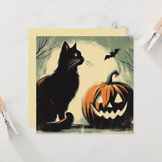 Halloween Black Cat en Pumpkin Kaart (Voorkant / Achterkant in situ)