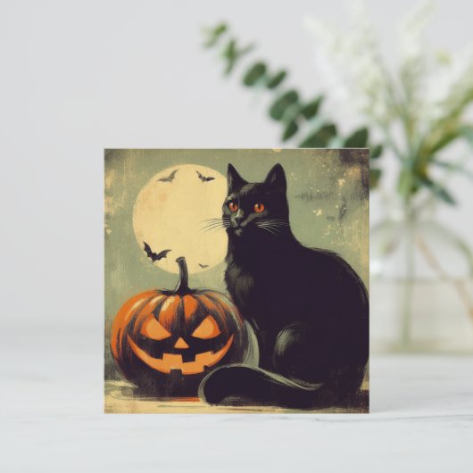 Halloween Black Cat en Pumpkin Kaart (Staand voorkant)