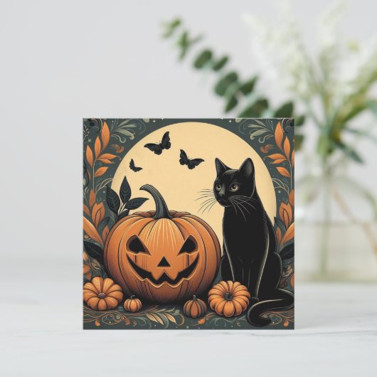 Halloween Black Cat en Pumpkin Kaart (Staand voorkant)
