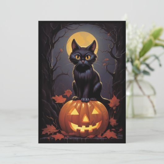Halloween Black Cat en Pumpkin Kaart (Staand voorkant)