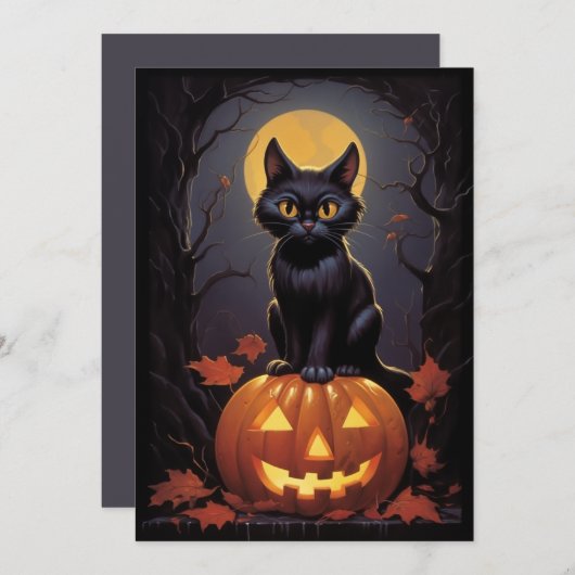 Halloween Black Cat en Pumpkin Kaart (Voorkant / Achterkant)