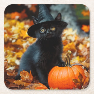 Halloween Black Cat en Pumpkin Kartonnen Onderzetters