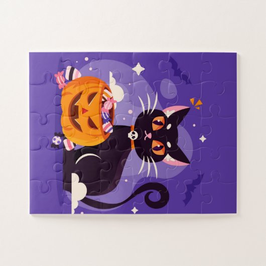 Halloween Black Cat en Pumpkin Legpuzzel (Horizontaal)