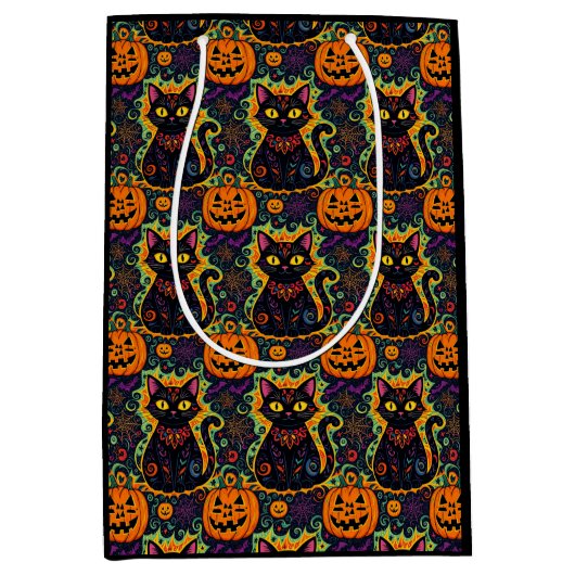 Halloween Black Cat en Pumpkin Medium Cadeauzakje (Voorkant)