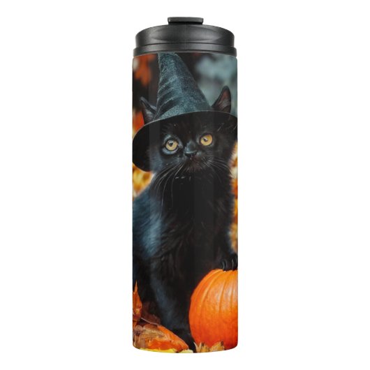 Halloween Black Cat en Pumpkin Thermosbeker (Voorkant)