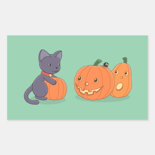 Halloween Black Cat en Pumpkins on Green Rechthoekige Sticker (Voorkant)