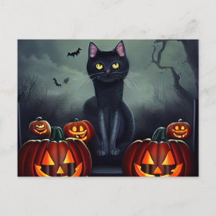 Halloween Black Cat en Scary Pumpkins Feestdagenkaart