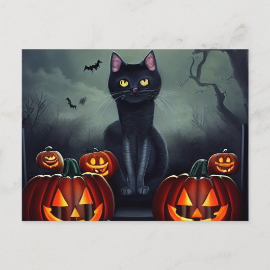 Halloween Black Cat en Scary Pumpkins Feestdagenkaart (Voorkant)