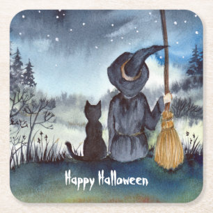 Halloween Black Cat en The Witch Sterrennacht Kartonnen Onderzetters