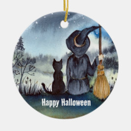 Halloween Black Cat en The Witch Sterrennacht Keramisch Ornament