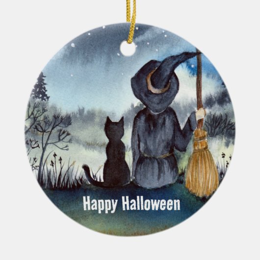 Halloween Black Cat en The Witch Sterrennacht Keramisch Ornament (Voorkant)