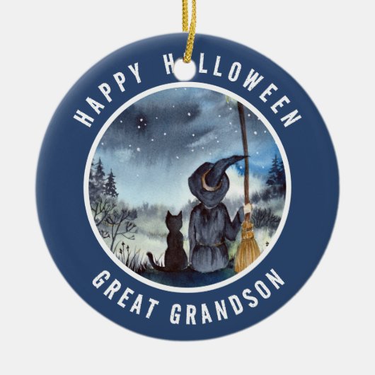 Halloween Black Cat en The Witch Sterrennacht Keramisch Ornament (Voorkant)