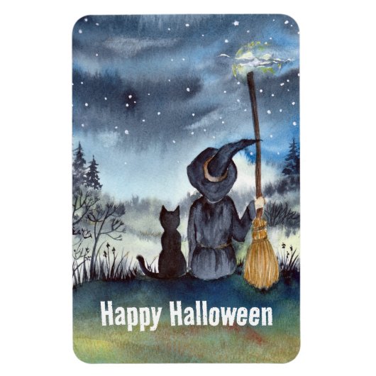 Halloween Black Cat en The Witch Sterrennacht Magneet (Verticaal)