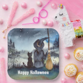 Halloween Black Cat en The Witch Sterrennacht Papieren Bordje (Feest)