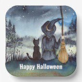 Halloween Black Cat en The Witch Sterrennacht Papieren Bordje (Voorkant)