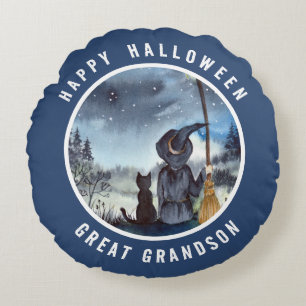 Halloween Black Cat en The Witch Sterrennacht Rond Kussen