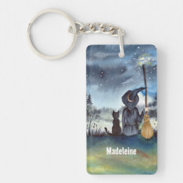 Halloween Black Cat en The Witch Sterrennacht Sleutelhanger