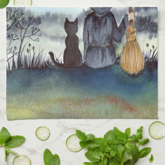 Halloween Black Cat en The Witch Sterrennacht Theedoek (Gevouwen)