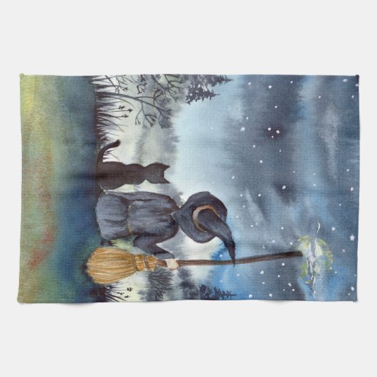 Halloween Black Cat en The Witch Sterrennacht Theedoek (Horizontaal)