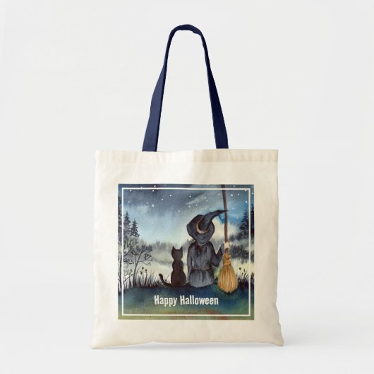 Halloween Black Cat en The Witch Sterrennacht Tote Bag (Voorkant)
