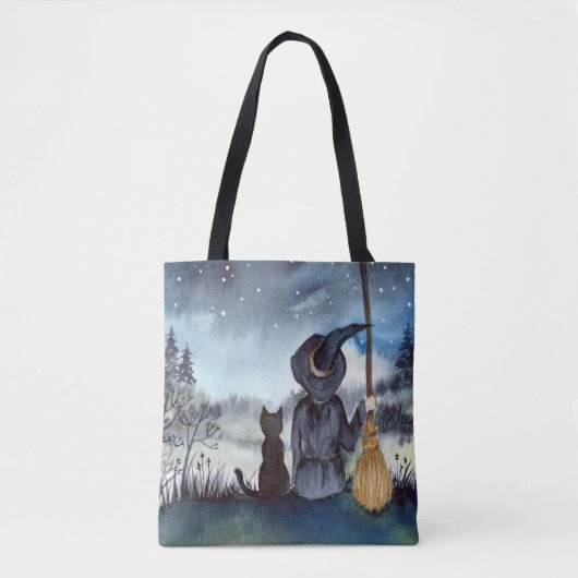 Halloween Black Cat en The Witch Sterrennacht Tote Bag (Voorkant)