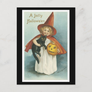 Halloween Black Cat en Witch Girl Briefkaart