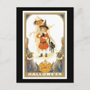 Halloween Black Cat en Witch Girl Briefkaart