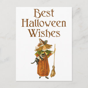 Halloween Black Cat en Witch Girl Briefkaart