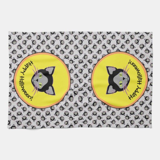 Halloween Black Cat Face Pattern Theedoek (Horizontaal)