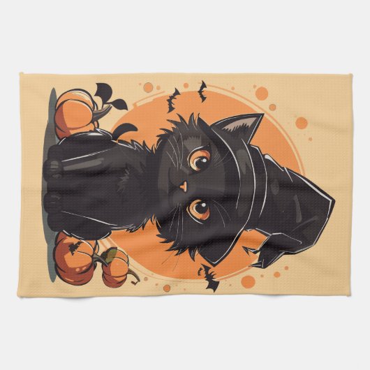 Halloween Black Cat Full Moon Theedoek (Horizontaal)