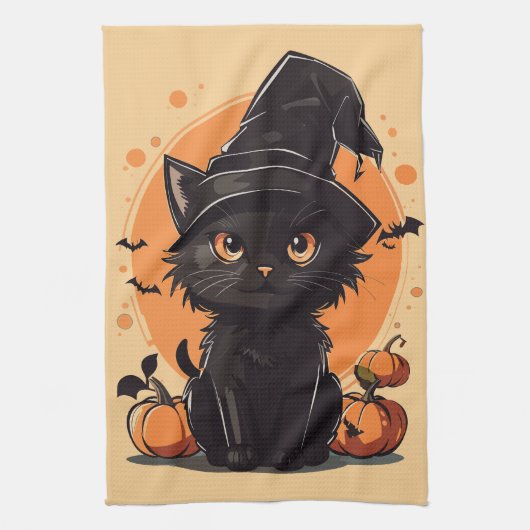 Halloween Black Cat Full Moon Theedoek (Verticaal)