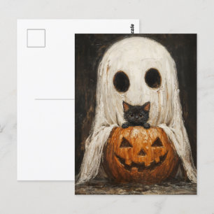 Halloween Black Cat & Ghost - Schattige Spooky Briefkaart