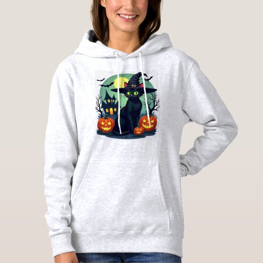 Halloween Black Cat Hat Spooky Cat and Pumpkin Gra Hoodie (Voorkant)