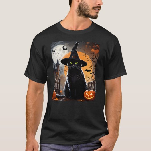 Halloween Black Cat Hat Spooky Cat and Pumpkin Gra T-shirt (Voorkant)