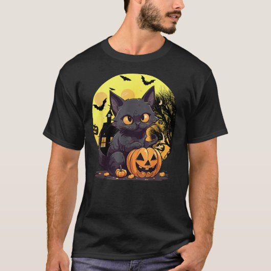 Halloween Black Cat Haunted Mansion Happy Hallowee T-shirt (Voorkant)