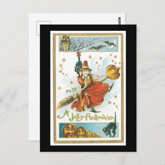 Halloween Black Cat, heks and Owl Briefkaart (Voorkant / Achterkant)