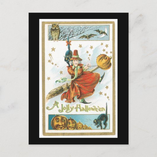 Halloween Black Cat, heks and Owl Briefkaart (Voorkant)