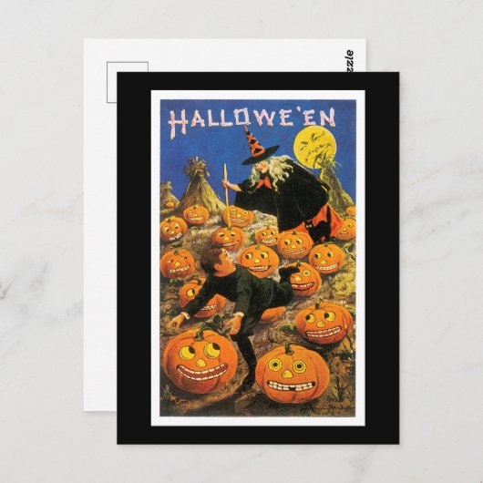 Halloween Black Cat, heks en pompoen Briefkaart (Voorkant / Achterkant)