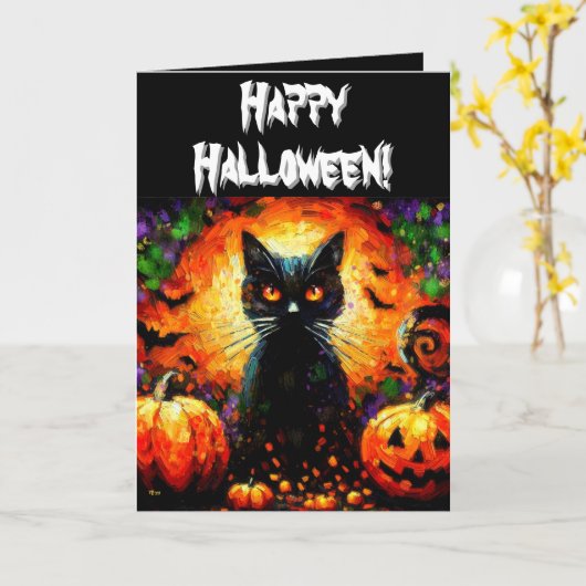 Halloween Black Cat & Jack-O-Lanterns gepersonalis Kaart (Gele Bloem)