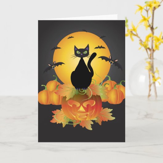 Halloween Black Cat Kaart (Gele Bloem)