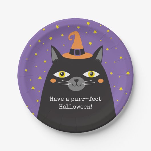Halloween Black Cat Kaart Papieren Bordje (Voorkant)