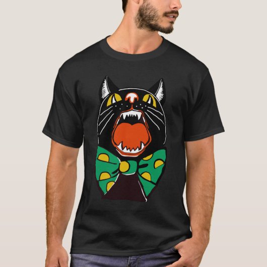 Halloween Black Cat Meowing With Large Green Polka T-shirt (Voorkant)