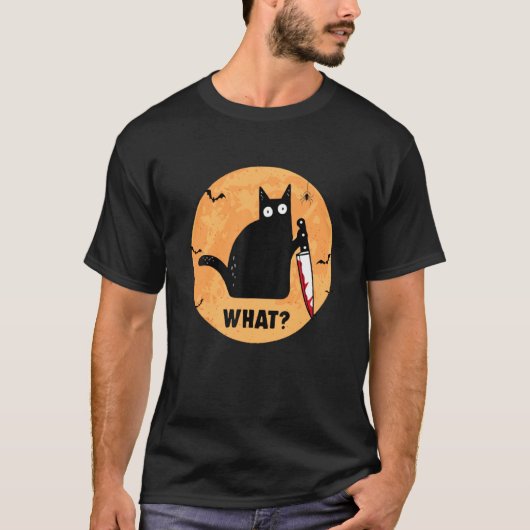 Halloween Black Cat met Bloody Knife Cat What T-shirt (Voorkant)