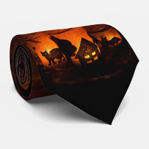 Halloween Black Cat met lumbine en vleermuizen Stropdas