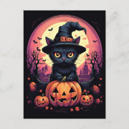 Halloween Black CAT met pompoen en heks PET Briefkaart