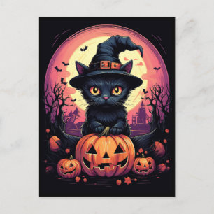 Halloween Black CAT met pompoen en heks PET Briefkaart