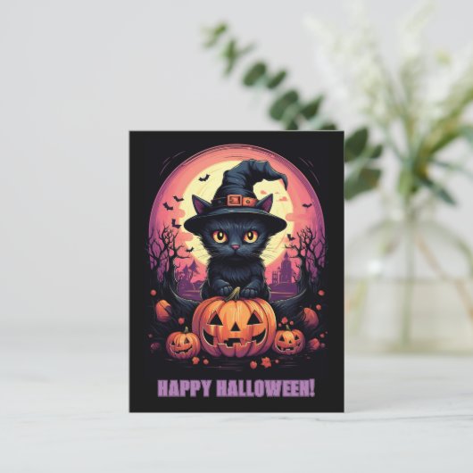 Halloween Black CAT met pompoen en heks PET Briefkaart (Staand voorkant)