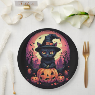 Halloween Black CAT met pompoen en heks PET Papieren Bordje